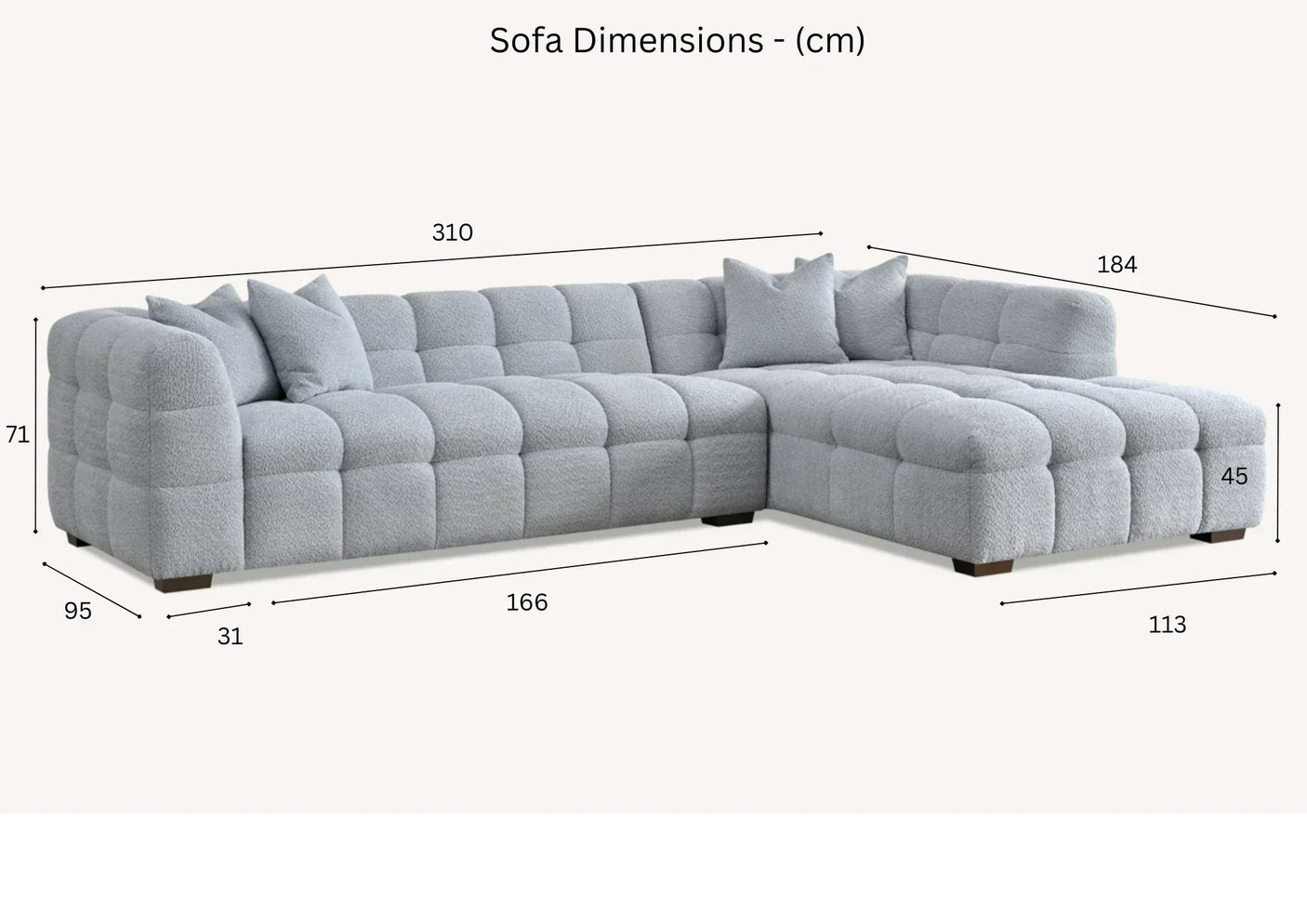 Light grey fabric corner sofa with tufted upholstery, chaise, and dimensions in centimeters shown