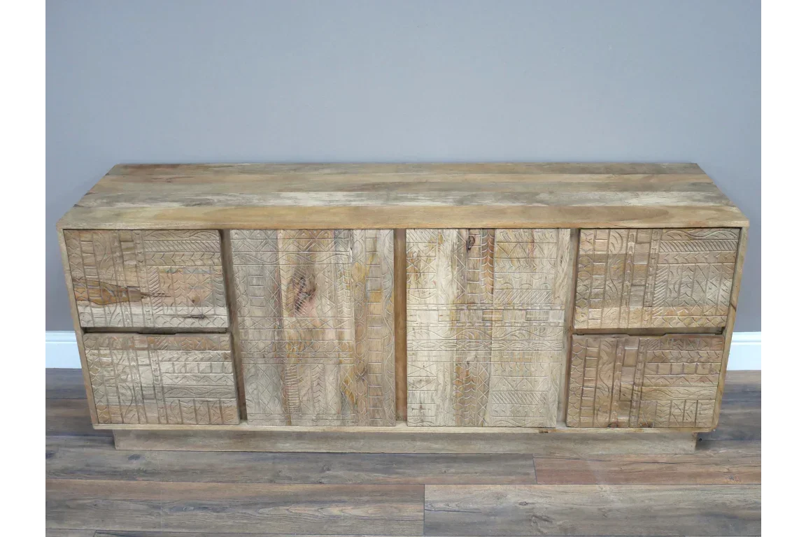 Solid wood sideboard with carved geometric patterns and six drawers, natural finish