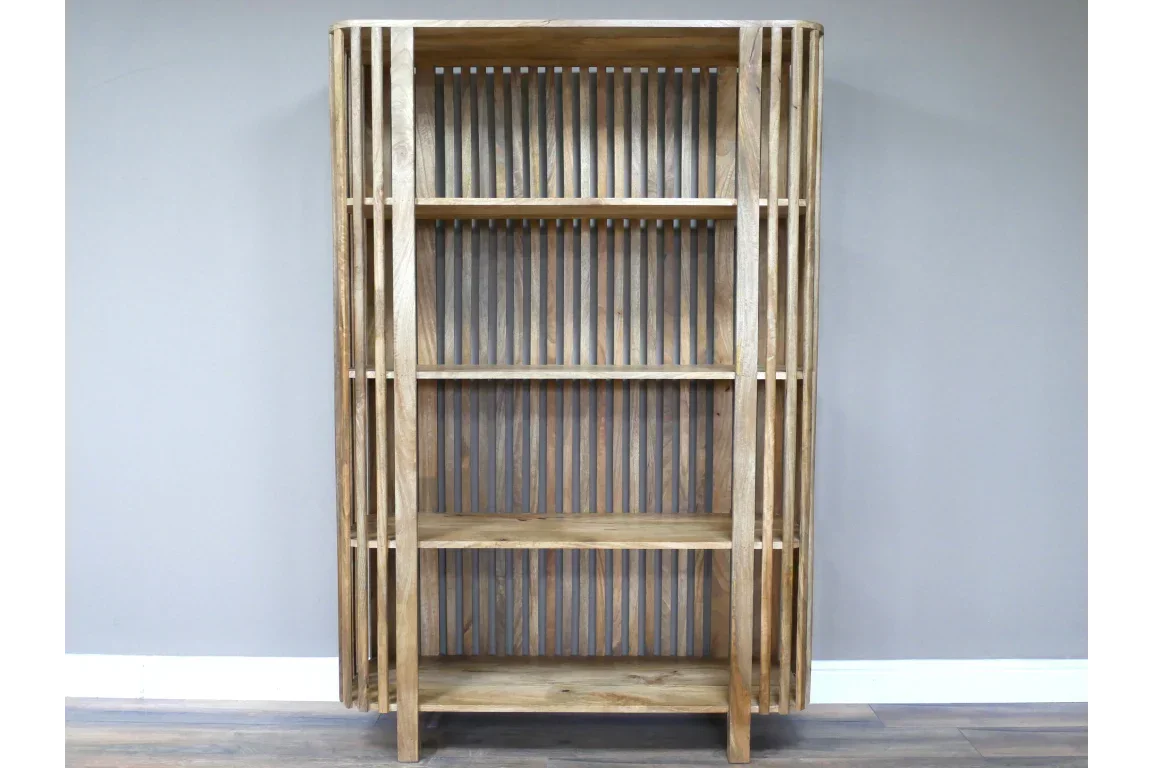 Tall wooden shelving unit with slatted sides and open shelves on wood floor