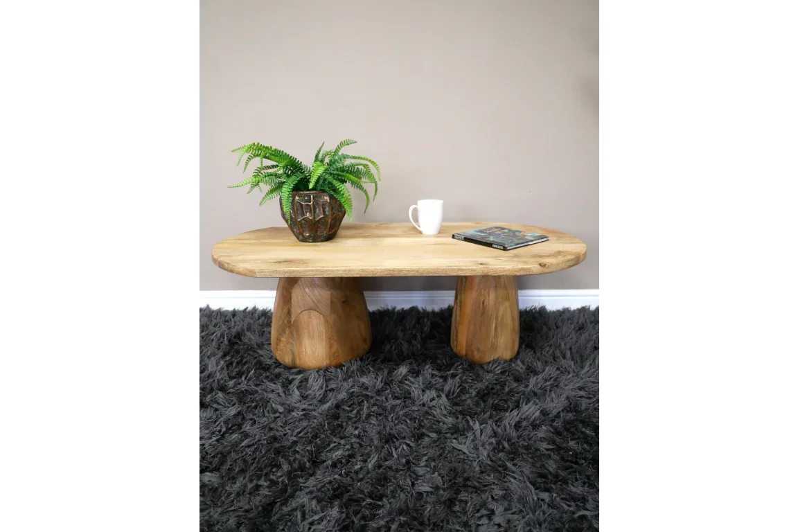 Solid wood coffee table with oval top, two block legs, plant, mug and book on shaggy rug