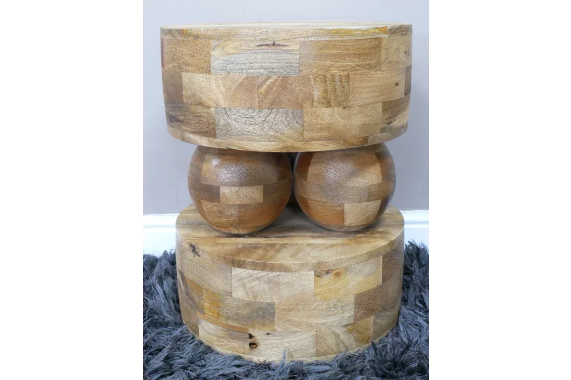 Contemporary wooden side table with geometric block design and spherical middle section