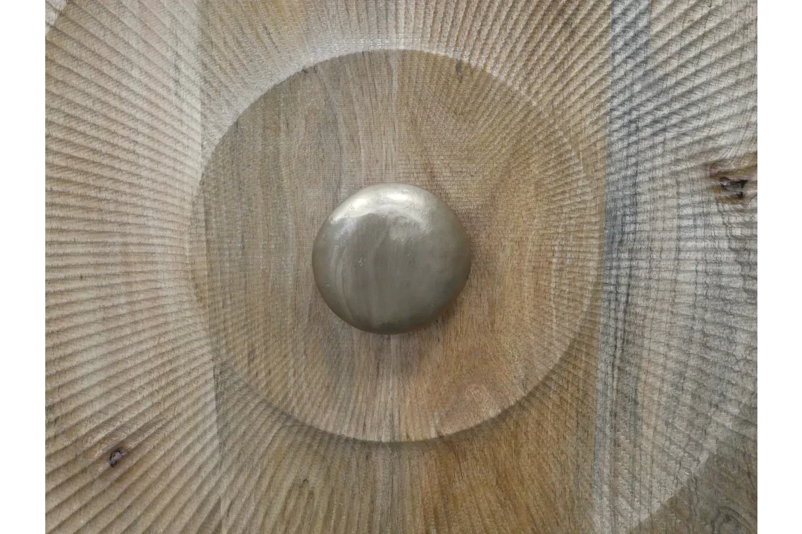 Textured wooden cabinet door with round brass handle in close-up detail