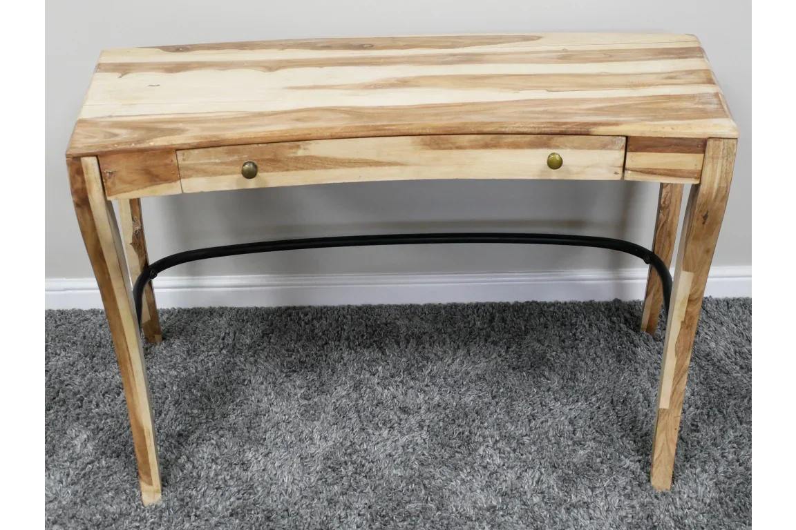 Light wood console table with two drawers and black curved support bar