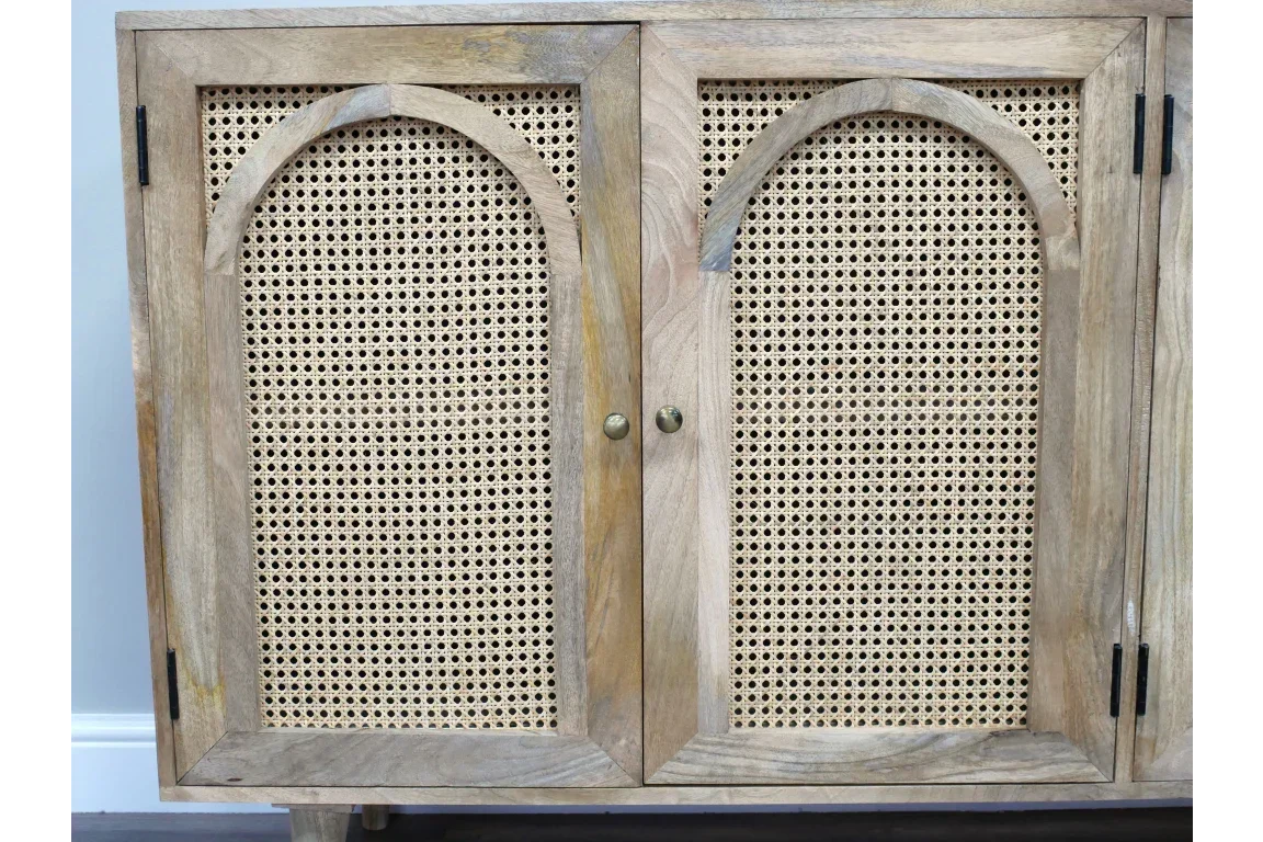 Wooden sideboard with double rattan doors and arch detail, front view
