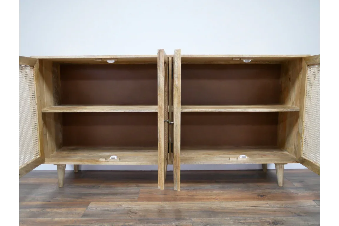 Natural wood sideboard with open double doors and two shelves on wooden floor