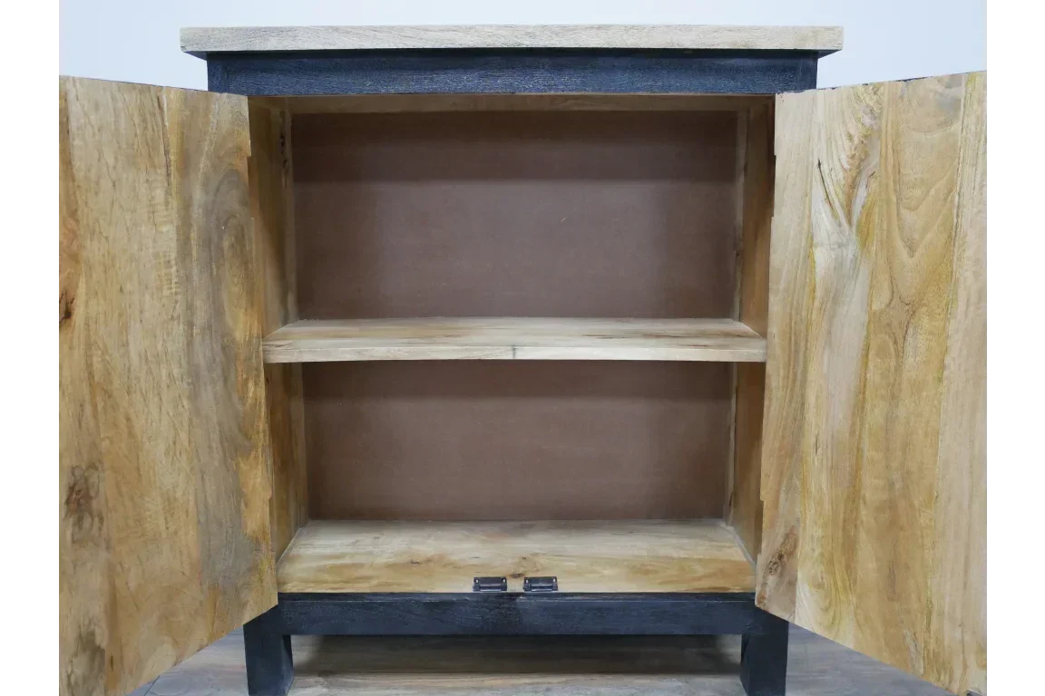 Open wooden cabinet with two shelves and natural wood grain finish