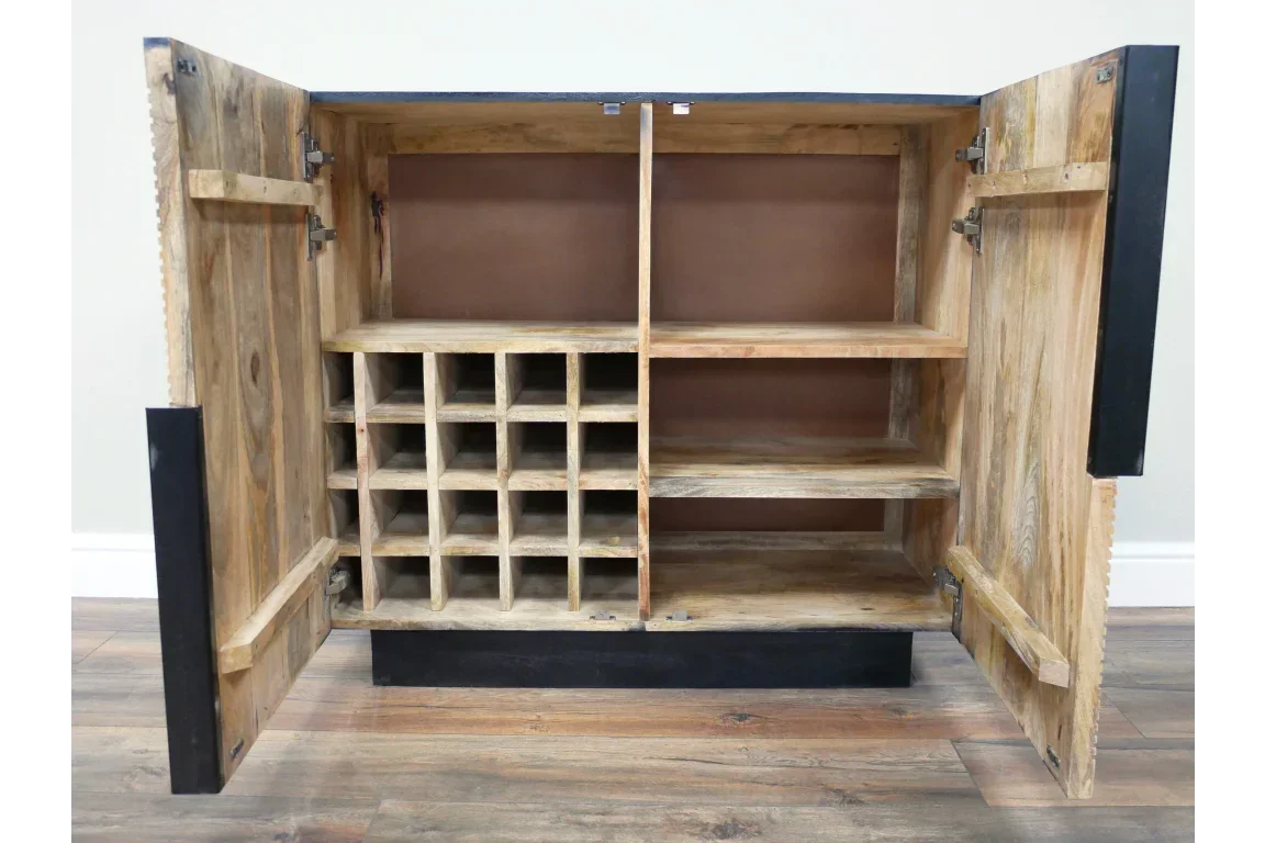Solid wood sideboard with wine rack and open shelving, double doors open, natural finish