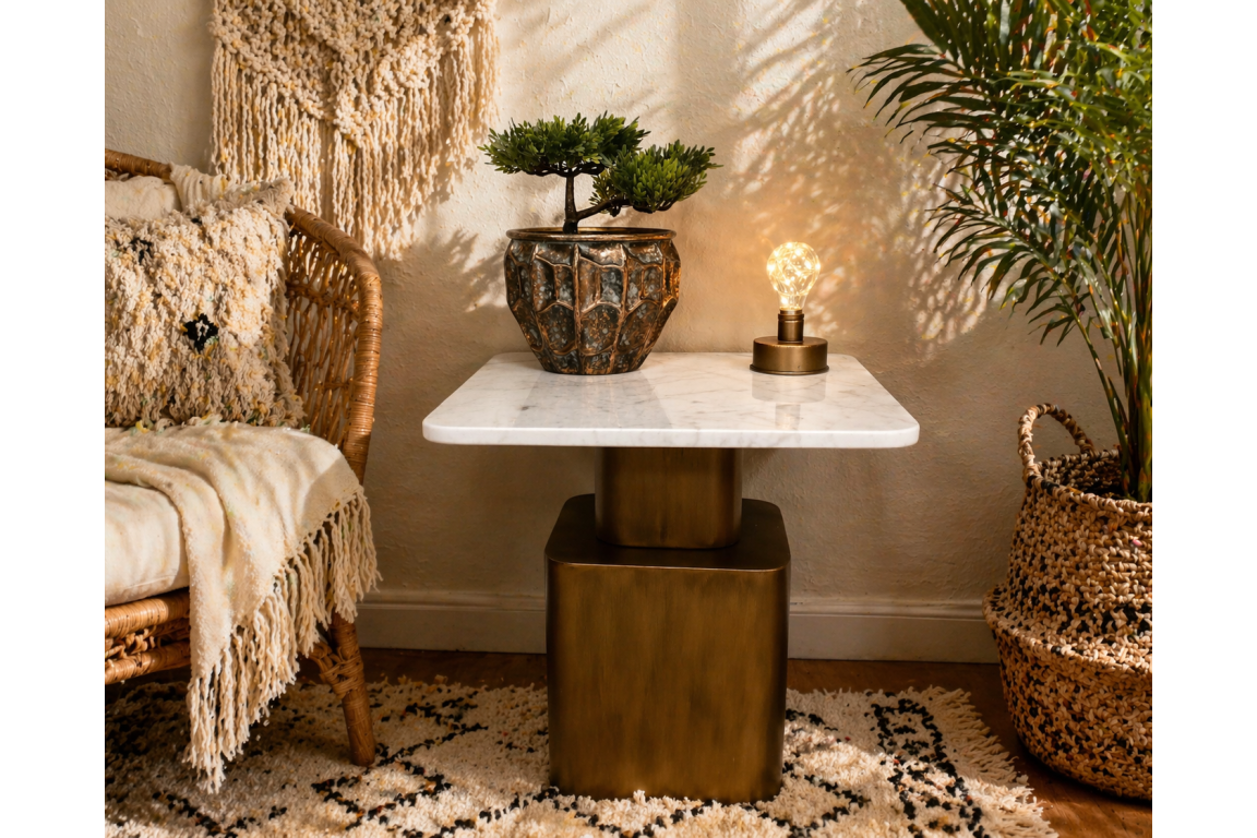 Square side table with white marble top and bronze metal base in cozy room setting, shown from front angle.