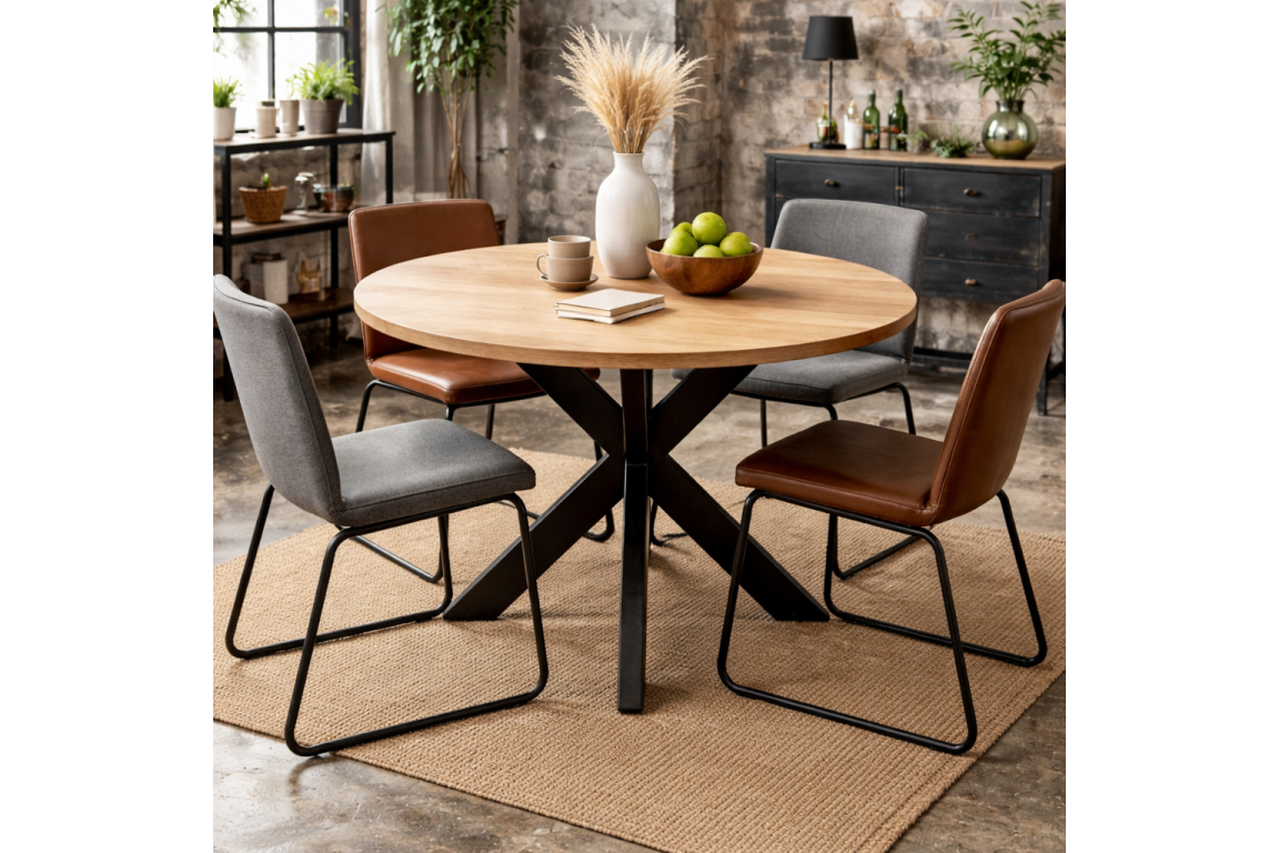 Round dining table with natural wood top and black metal crossed base, shown with mixed grey and brown chairs on woven rug.