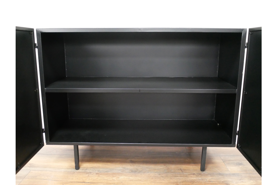Small black metal cabinet with two open doors, one interior shelf, and four legs on wooden floor