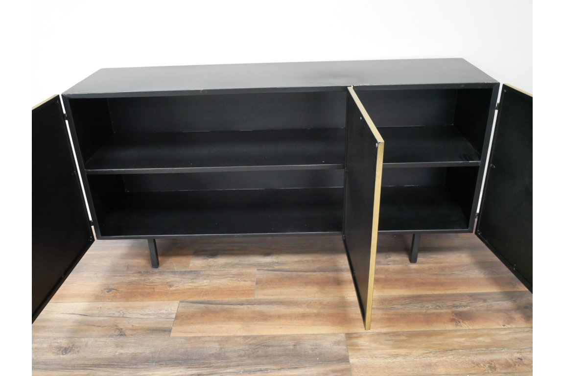 Large black wooden cabinet with three open doors, two interior shelves, standing on four legs on wooden floor.