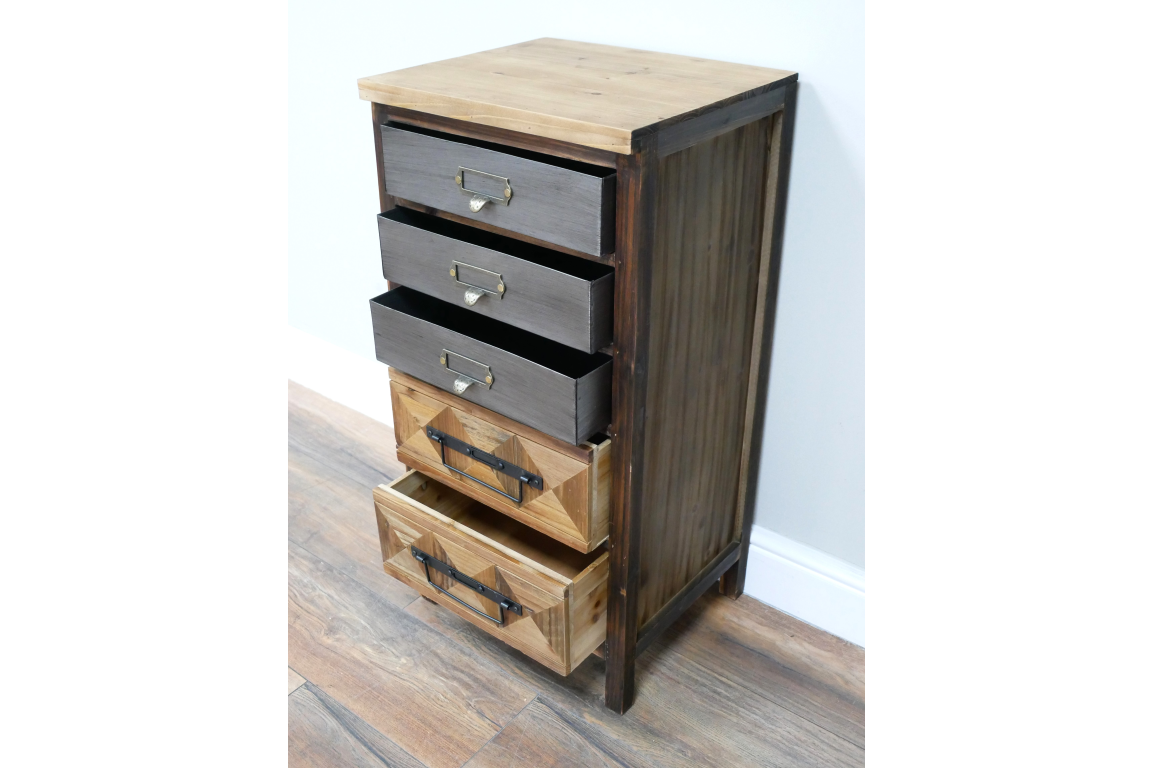 The rustic cabinet features a natural wood top and a combination of three dark gray drawers and two lighter wood drawers with decorative metal handles