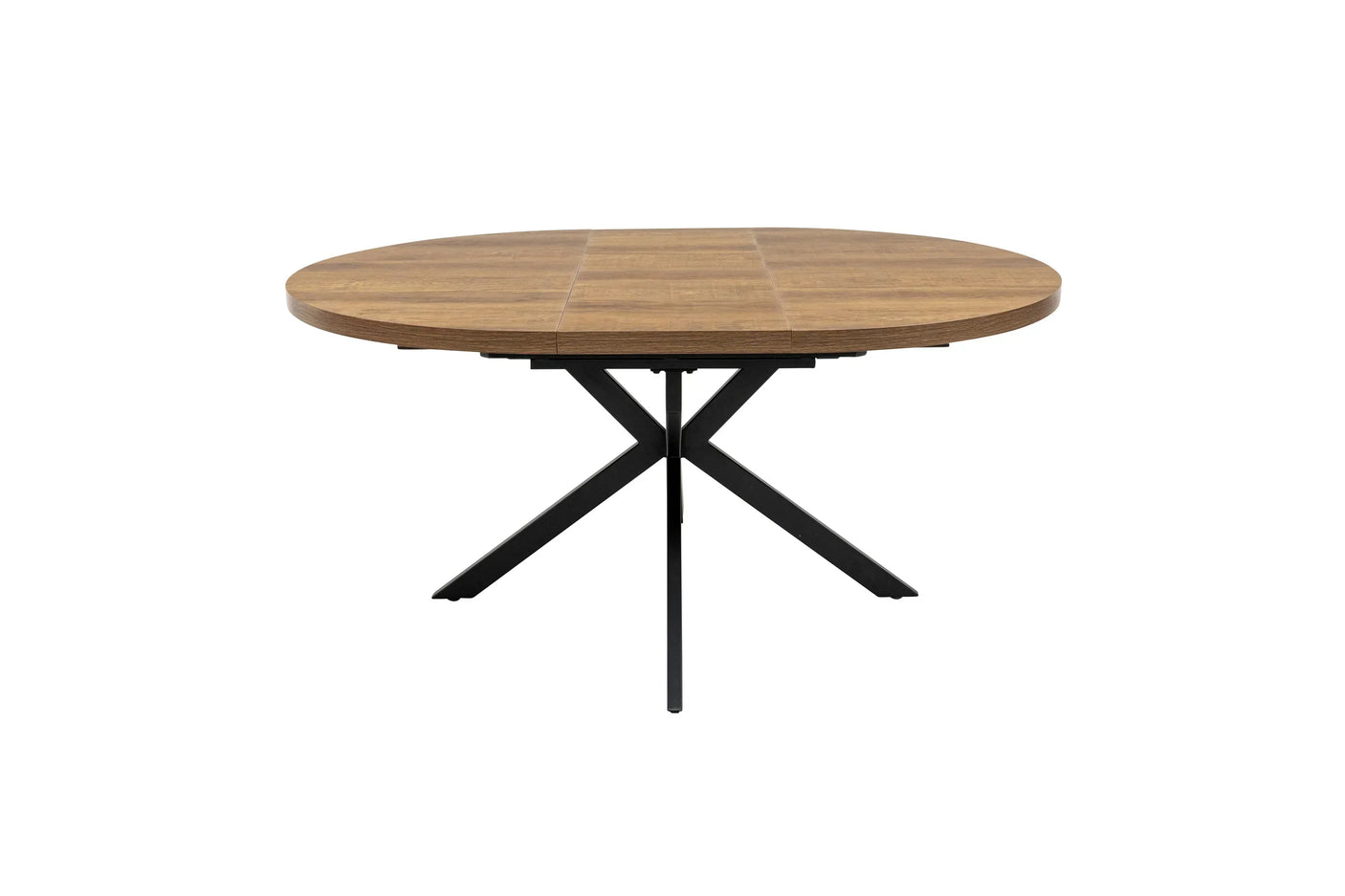 Round wood dining table with black metal legs, modern design, front angle view