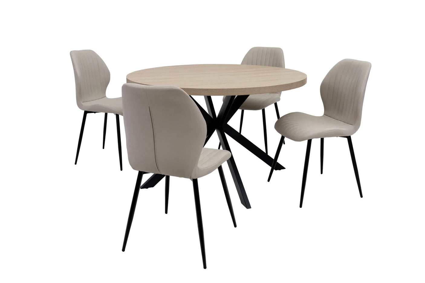 Round wood dining table with black metal legs and four beige fabric chairs
