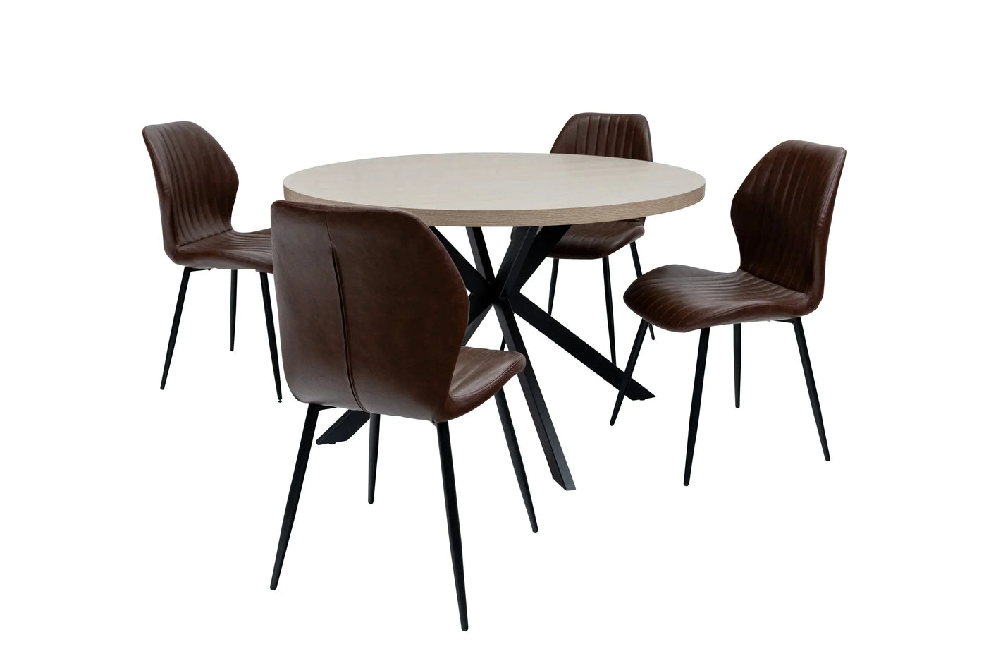 Round oak dining table with four brown leather chairs and black metal legs