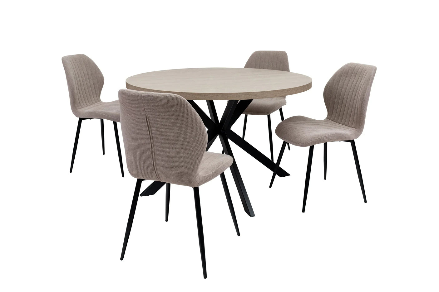 Round dining table with wood top and four beige upholstered chairs, black metal legs