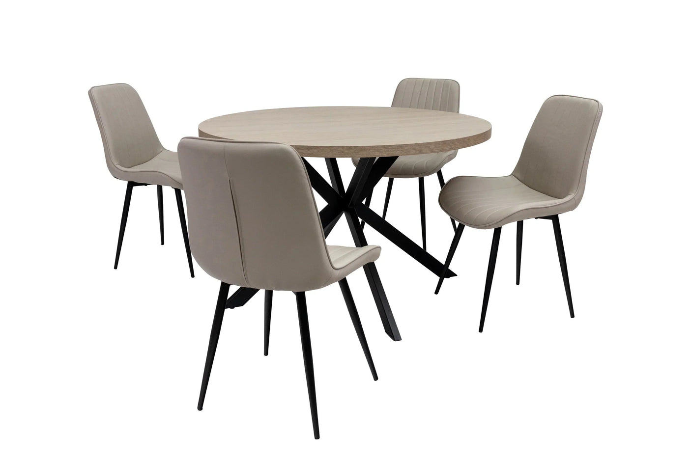 Round dining table with light wood top, four beige chairs, black metal legs