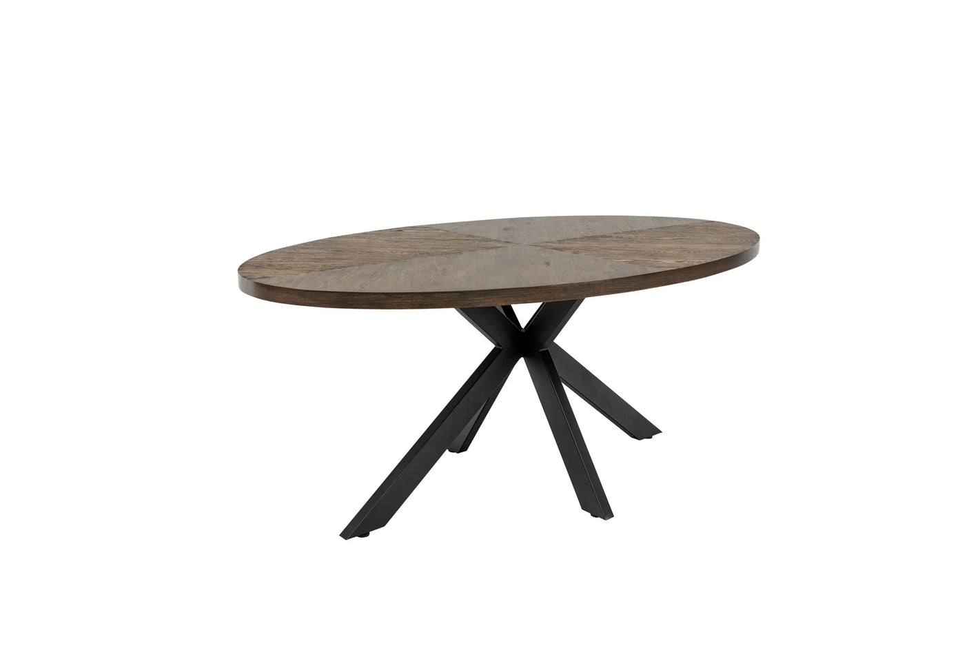 Round wooden dining table with dark wood top and black metal cross legs
