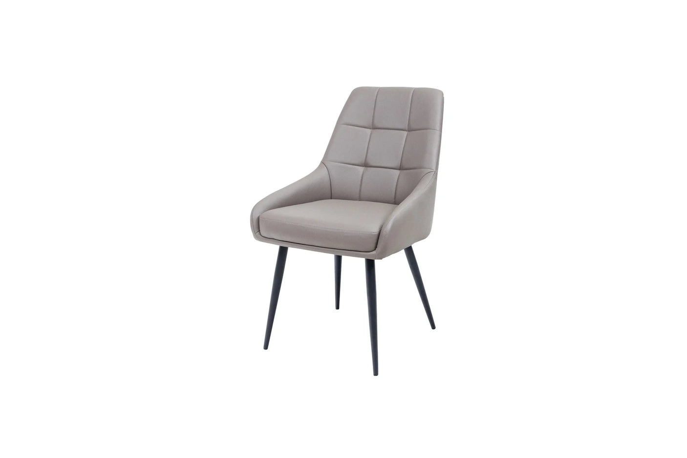 Taupe upholstered dining chair with black metal legs and grid stitched backrest