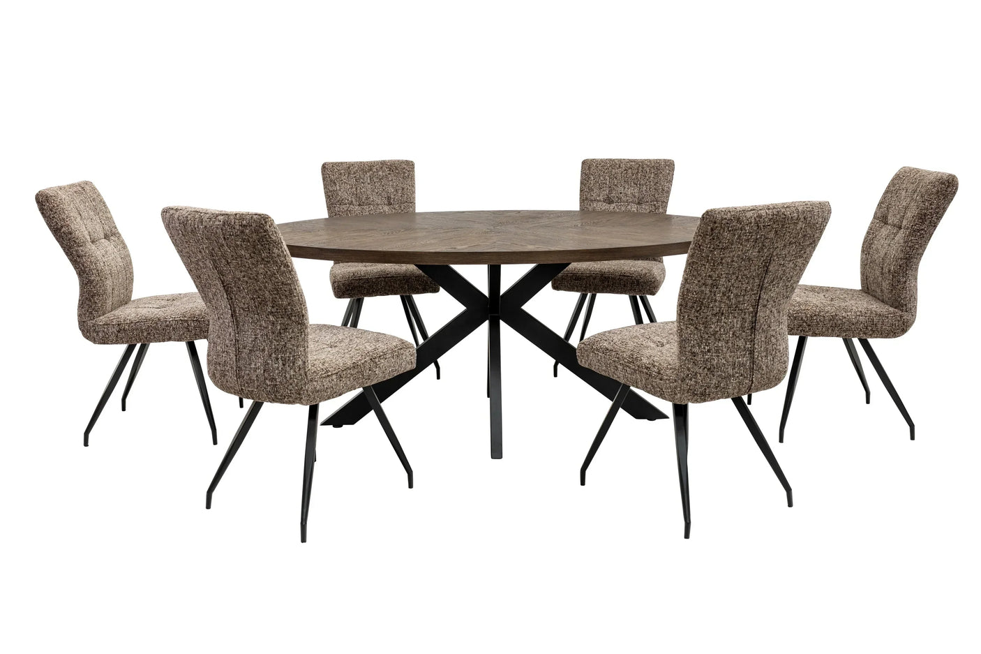 Round wooden dining table with six brown upholstered chairs and black metal legs
