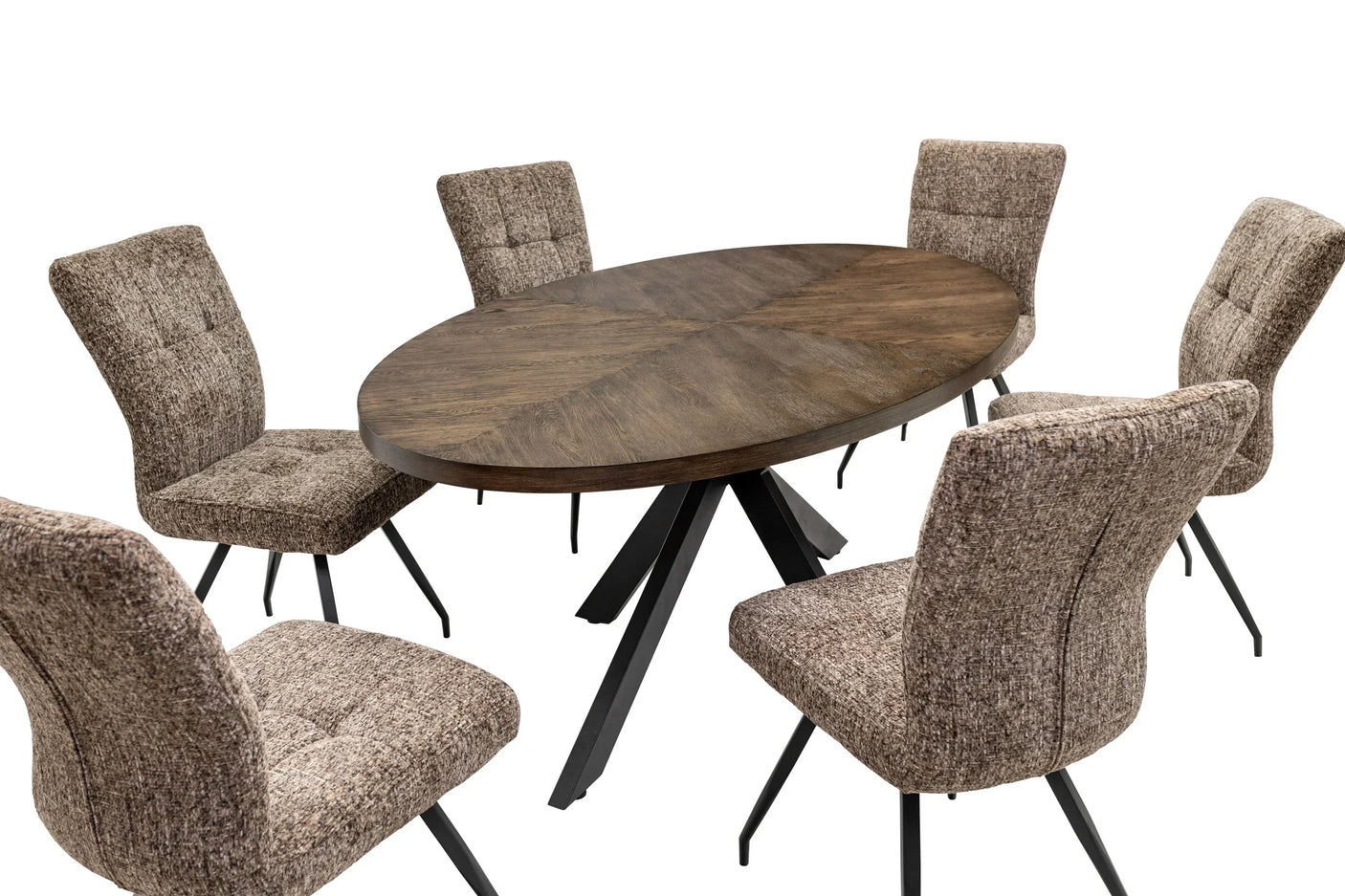 Oval wood dining table with black metal legs and six brown fabric dining chairs