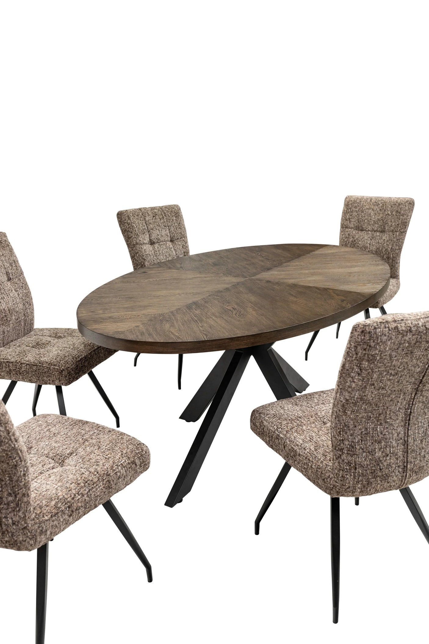 Oval wood dining table with black legs and four brown upholstered dining chairs