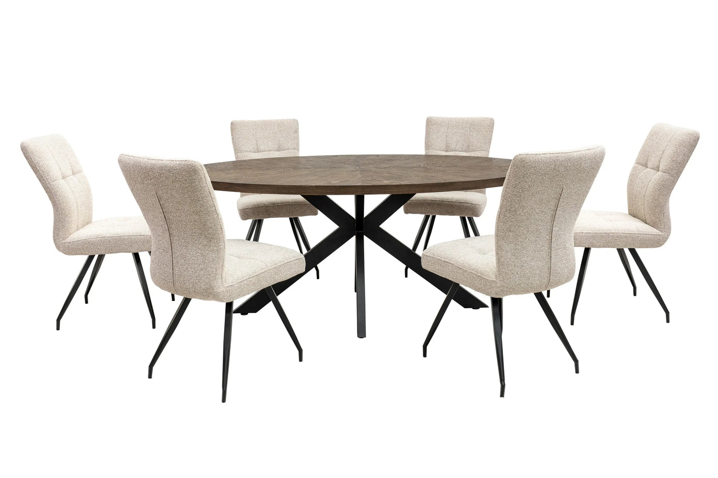 Round wood dining table with black metal legs and six beige fabric chairs