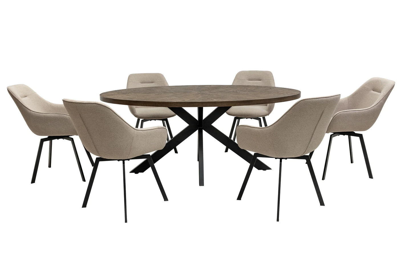 Round wooden dining table with black metal legs and six beige upholstered dining chairs
