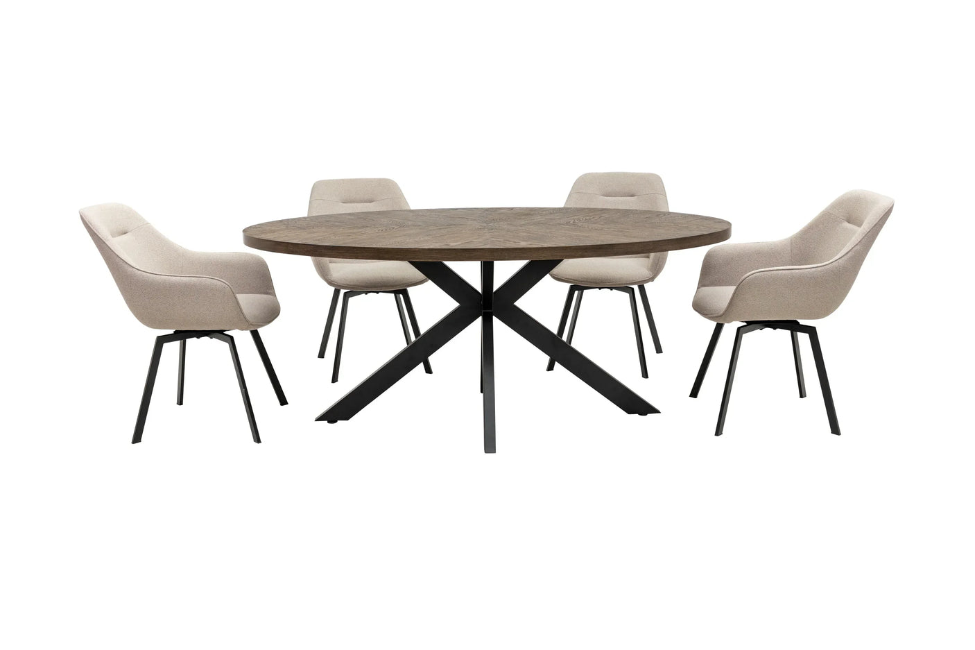 Round wooden dining table with black metal legs and five beige upholstered chairs