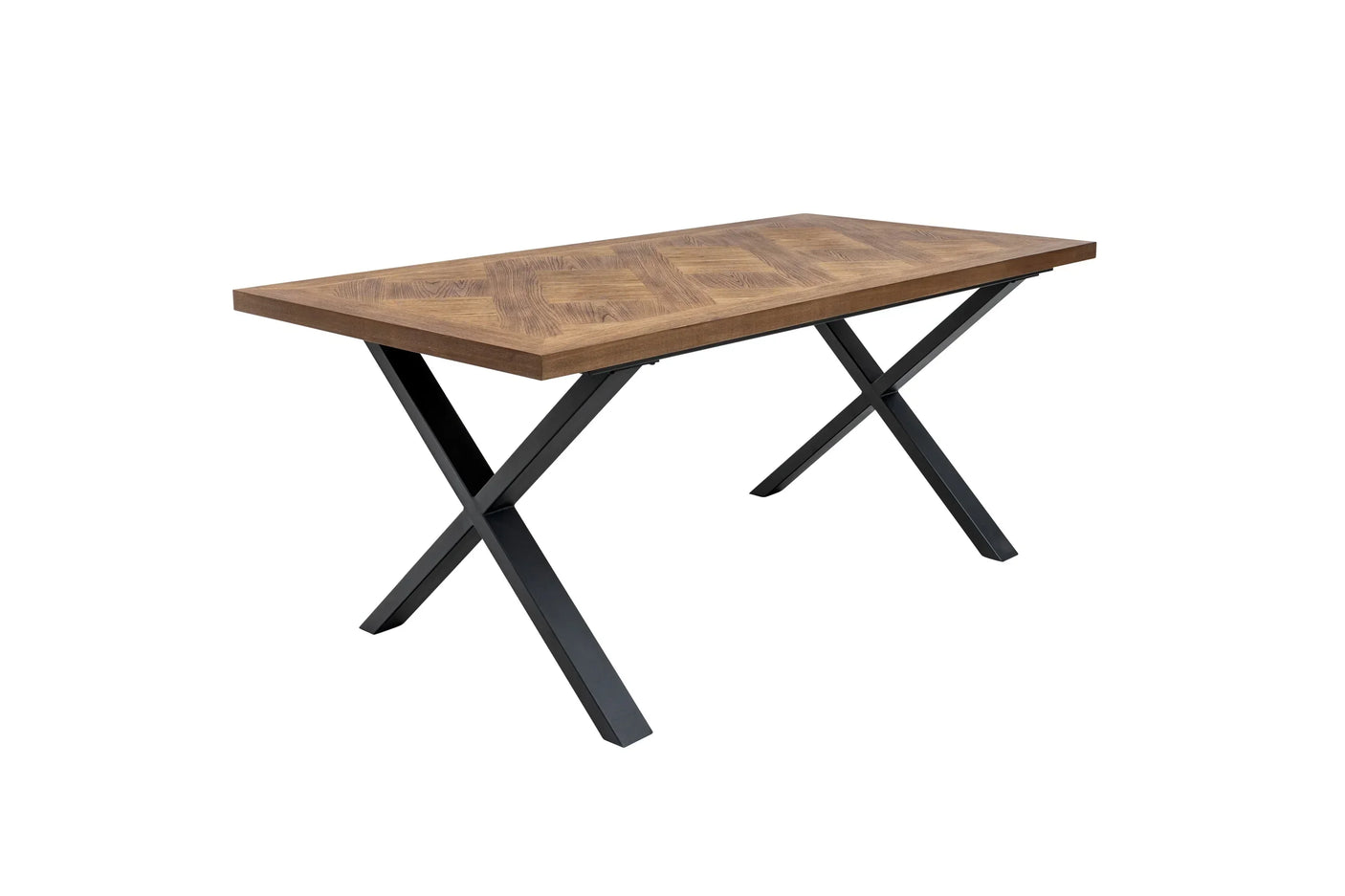 Rectangular wooden dining table with metal X-shaped legs, angled side view