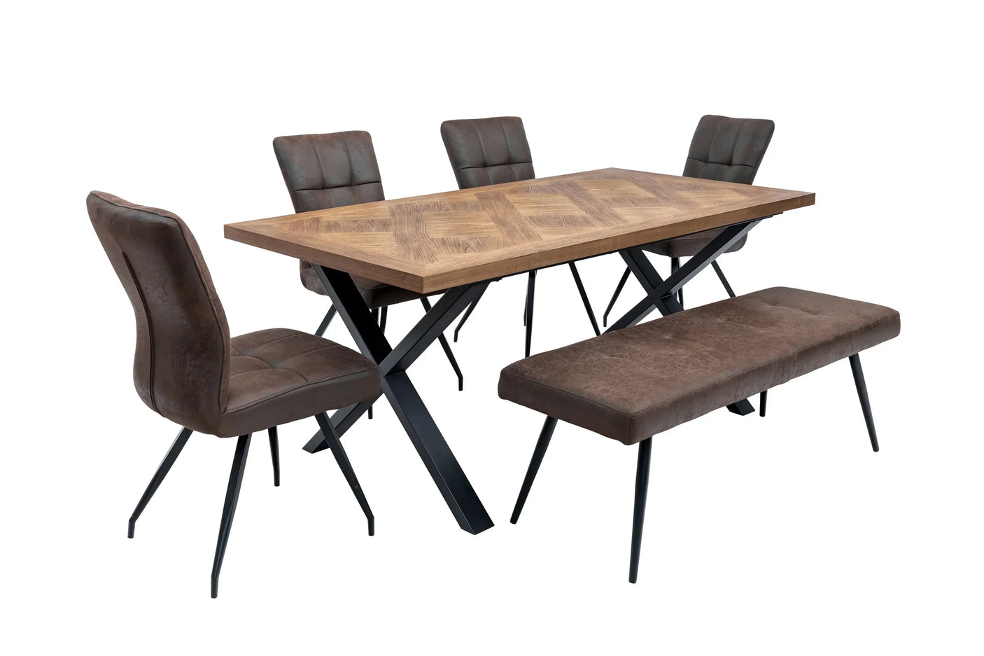 Wood dining table with industrial metal legs, four brown chairs and a matching bench