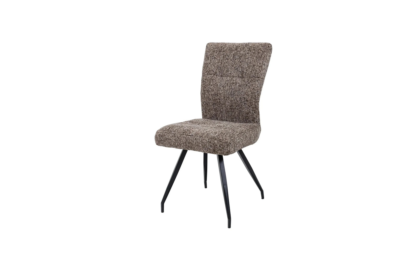 Brown fabric dining chair with metal legs, angled front view
