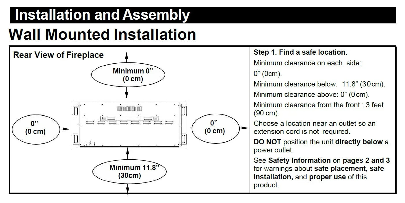 Wall mounted fireplace installation guide with clearance measurements and rear view diagram