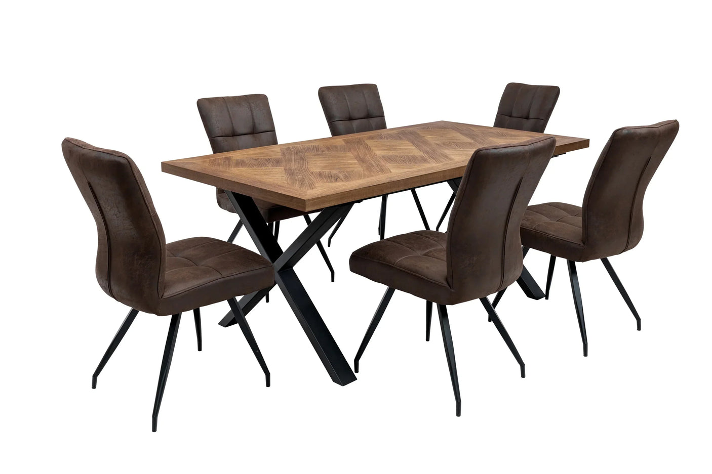 Rectangular wood dining table with six brown upholstered chairs and black metal legs