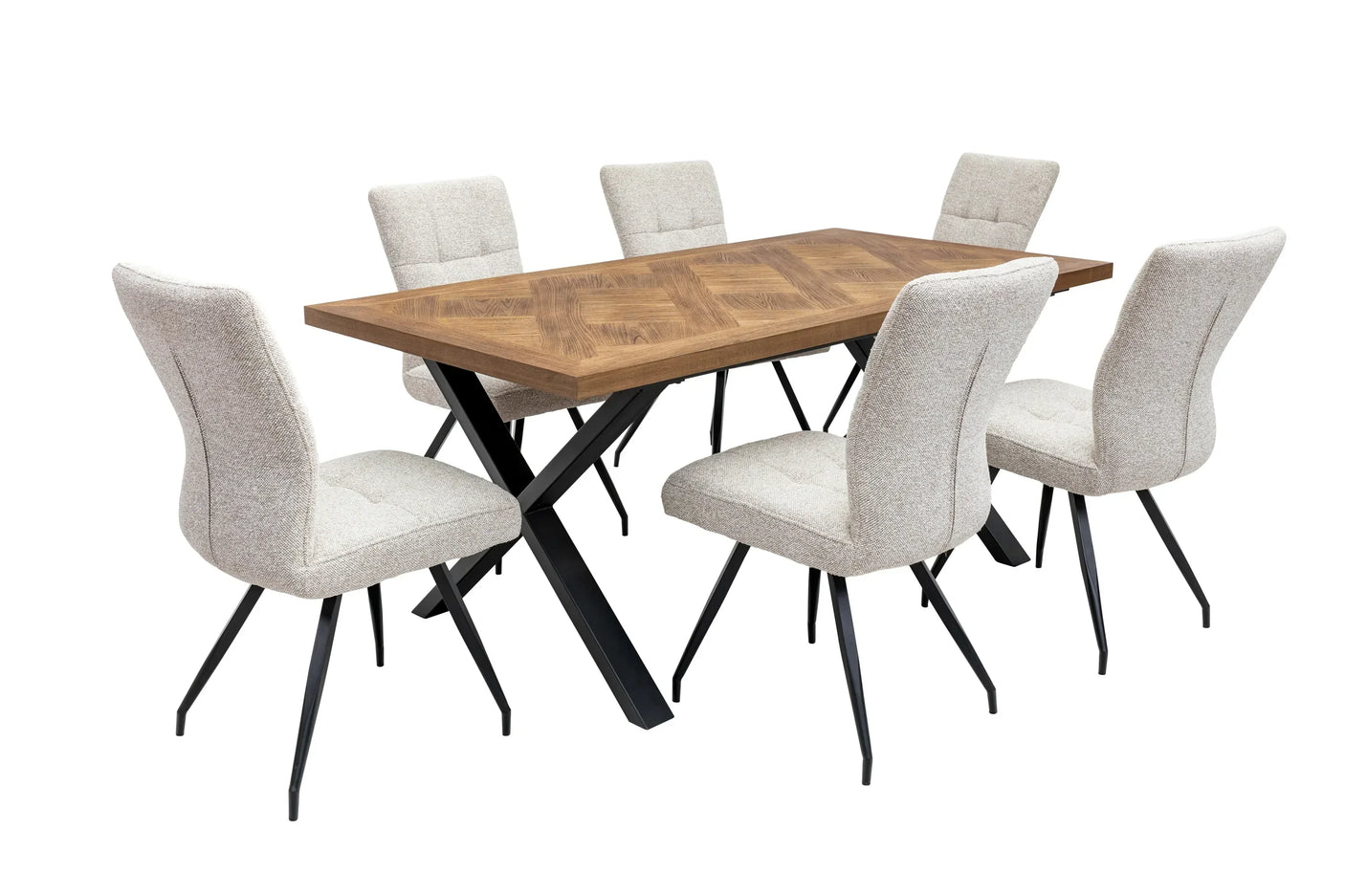 Rectangular wooden dining table with black metal legs and six beige fabric chairs