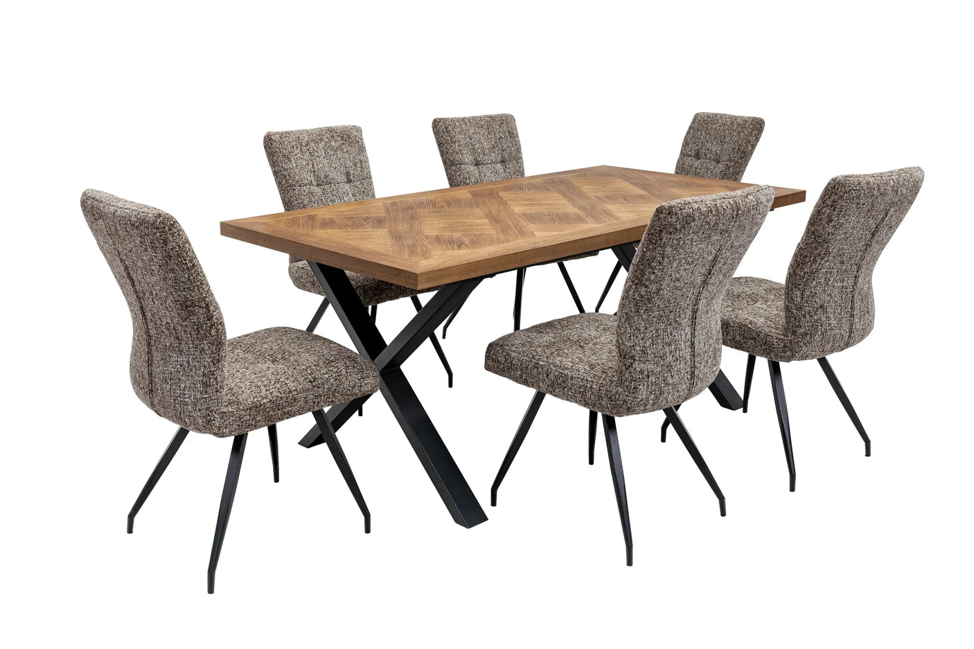 Rectangular wooden dining table with six grey fabric chairs and black metal legs
