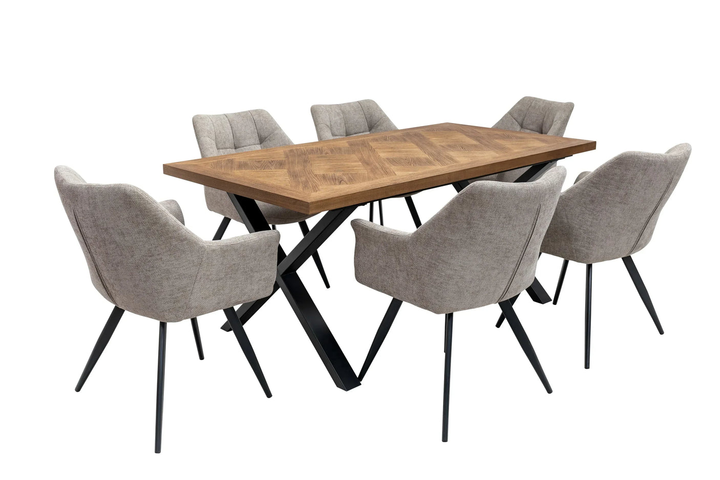Rectangular wooden dining table with herringbone pattern and six grey upholstered chairs