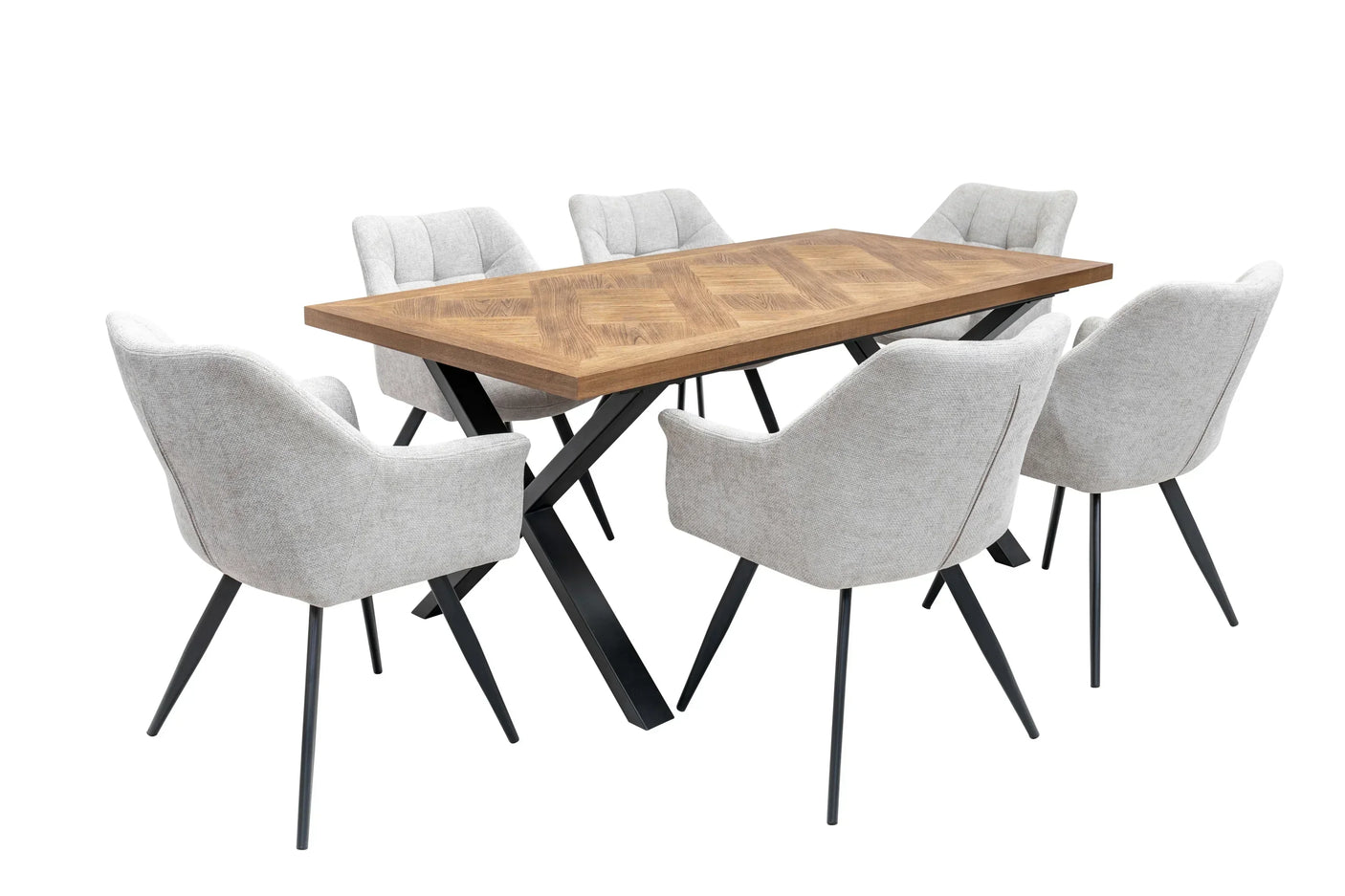 Rectangular wooden dining table with six upholstered grey chairs and black metal legs