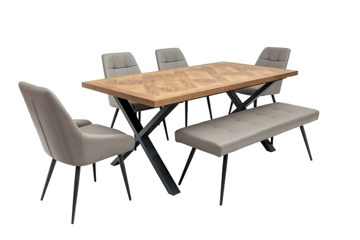 Wooden dining table with black metal legs, four grey chairs and matching bench