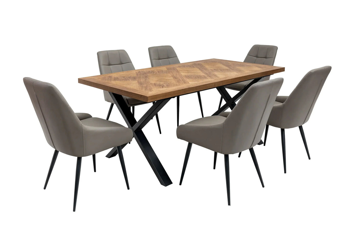 Rectangular wooden dining table with six grey upholstered chairs and black metal legs