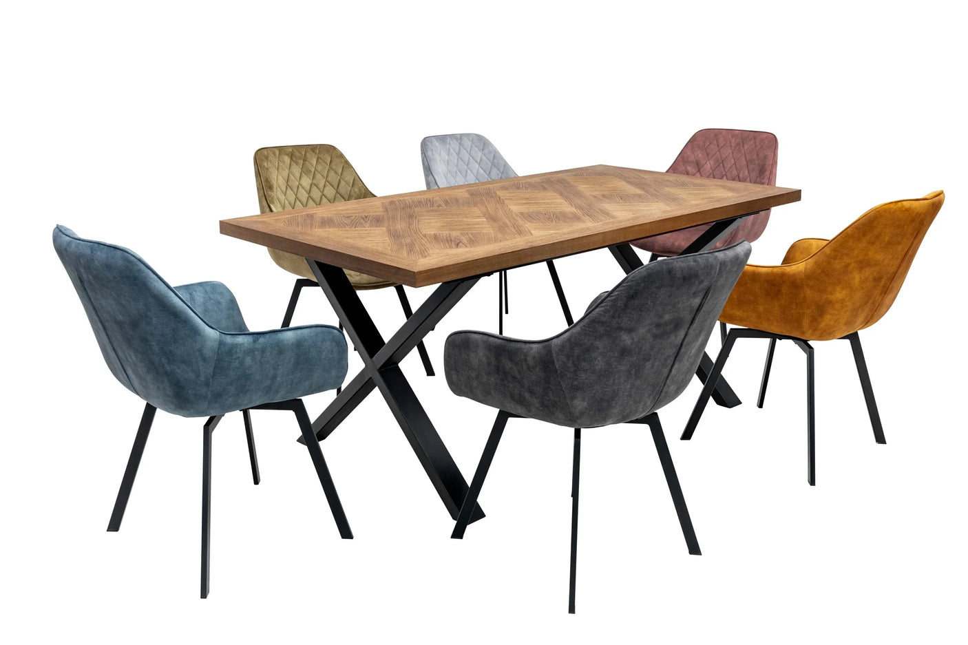 Rectangular wooden dining table with black metal legs and six multicolored fabric chairs