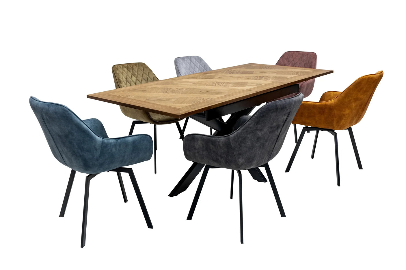 Rectangular wooden dining table with six velvet dining chairs in assorted colors