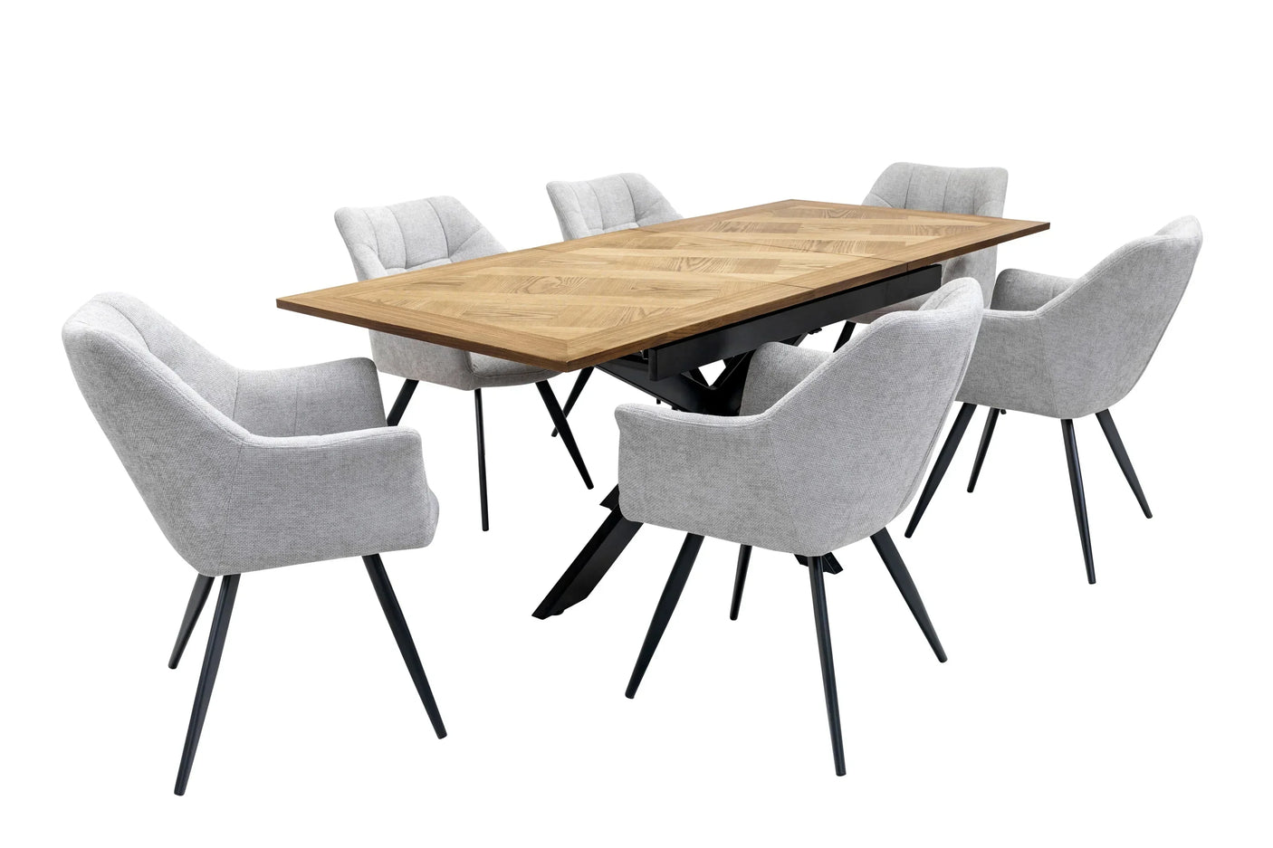 Rectangular wood dining table with six grey upholstered dining chairs and black metal legs