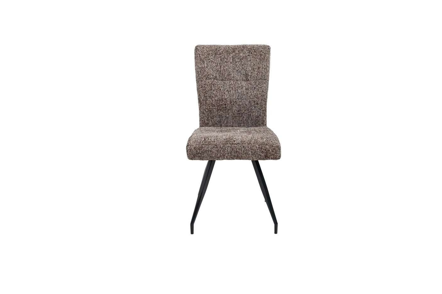Brown fabric dining chair with black metal legs, front view, modern furniture seating