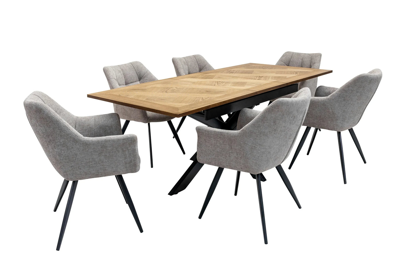 Wooden dining table with black metal legs and six grey upholstered chairs