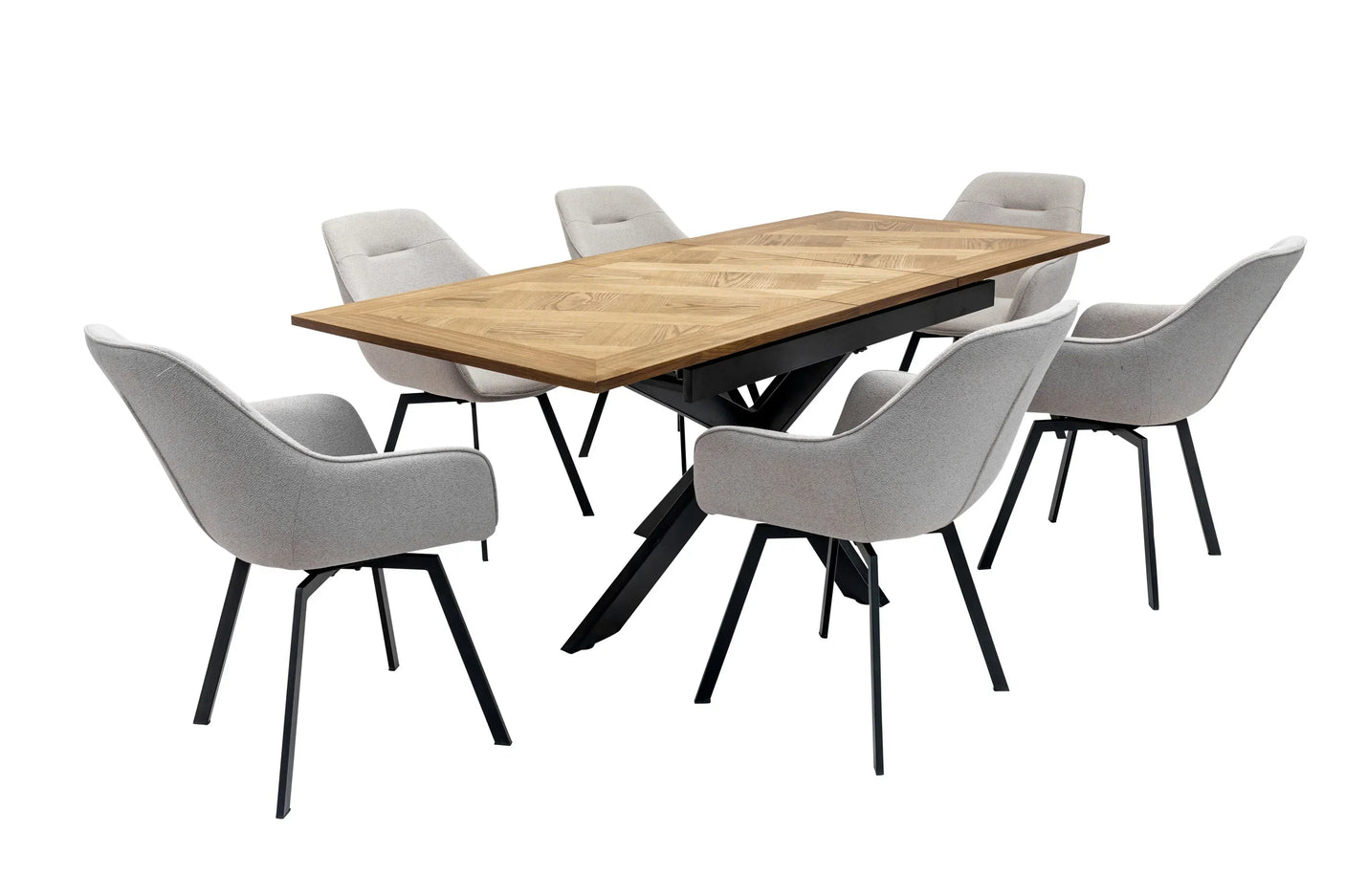 Modern dining table with wood top and six grey upholstered chairs on black legs