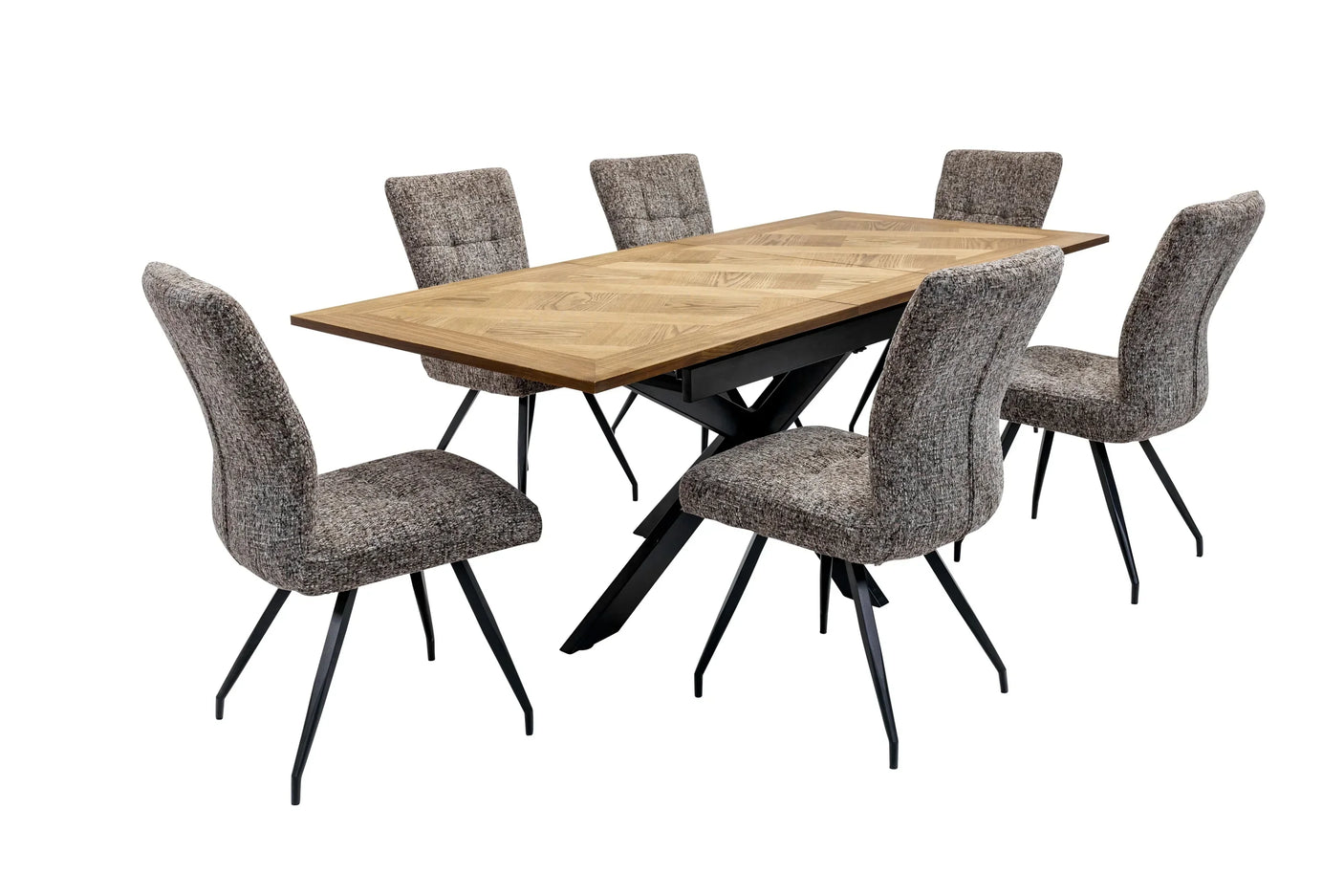 Rectangular oak dining table with black metal legs and six upholstered fabric chairs