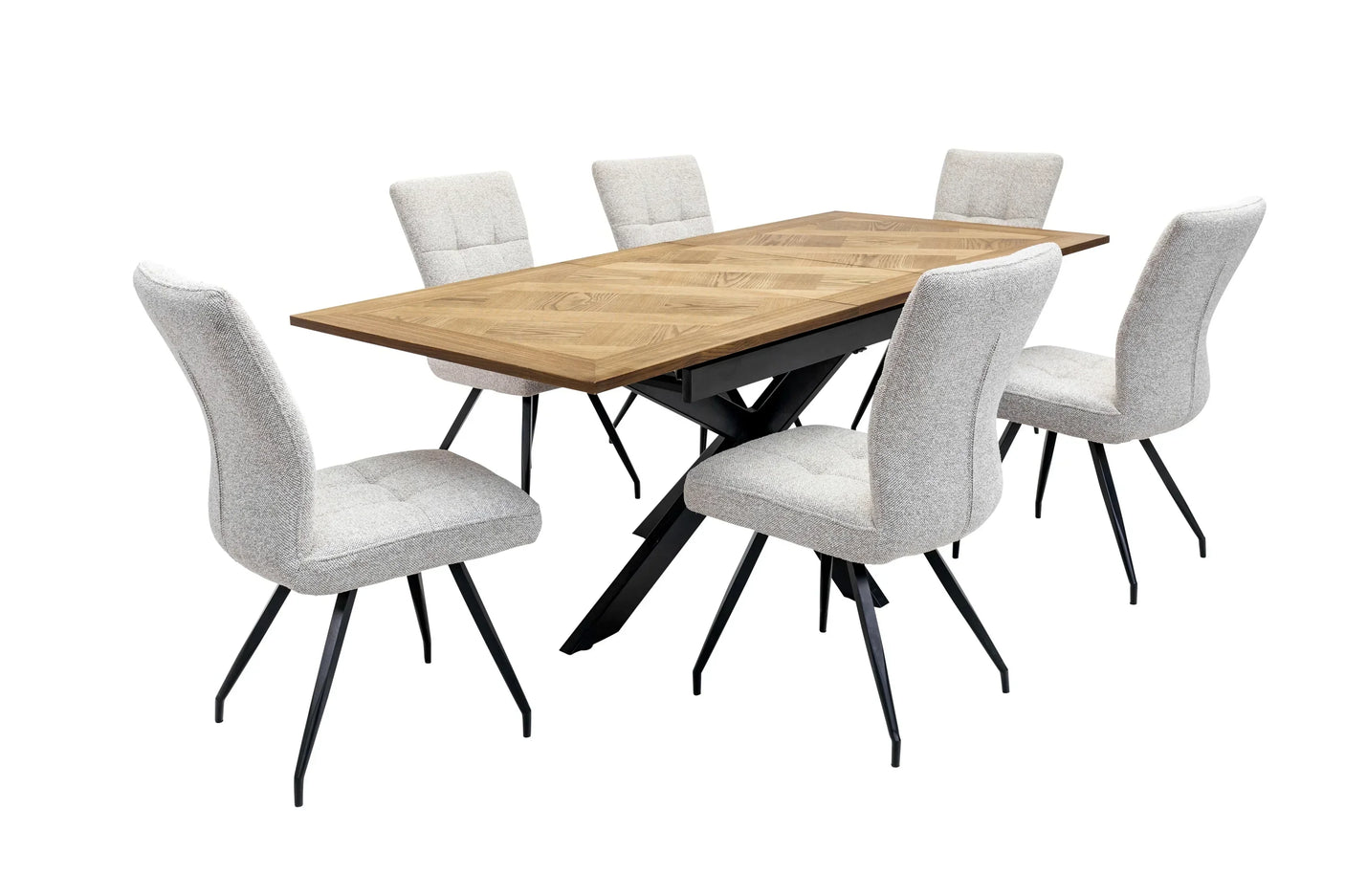 Wooden dining table with six light grey fabric chairs and black metal legs