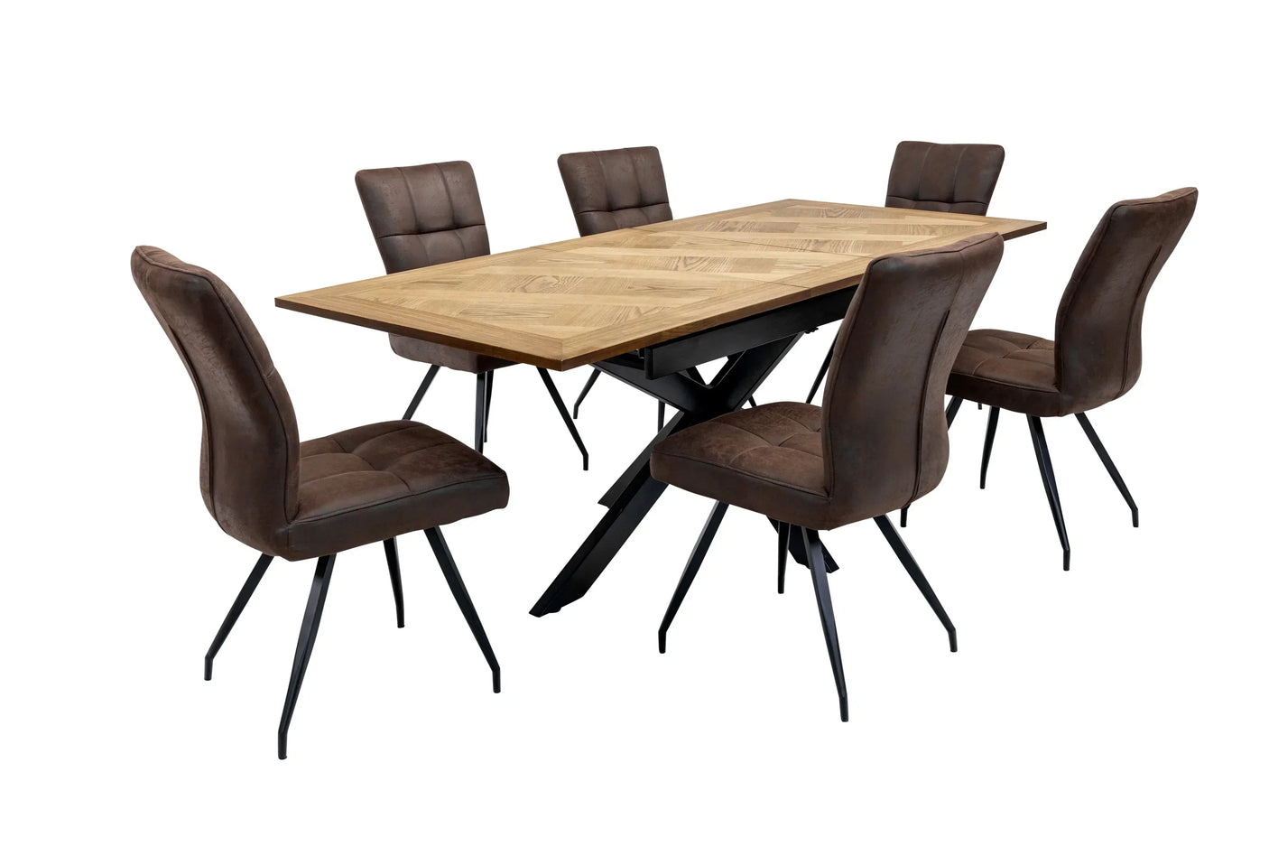 Wooden dining table with black metal legs and six brown upholstered chairs