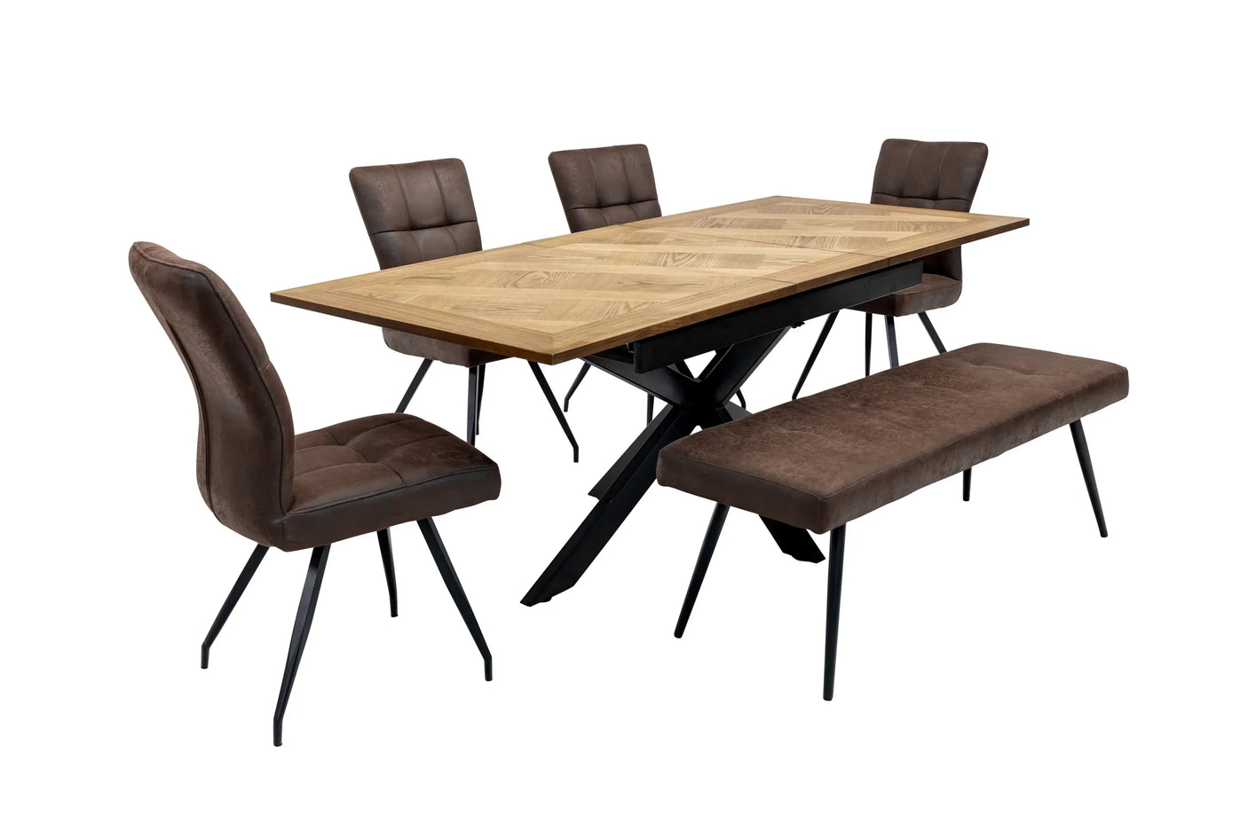 Wooden dining table set with four brown chairs and matching bench, black metal legs